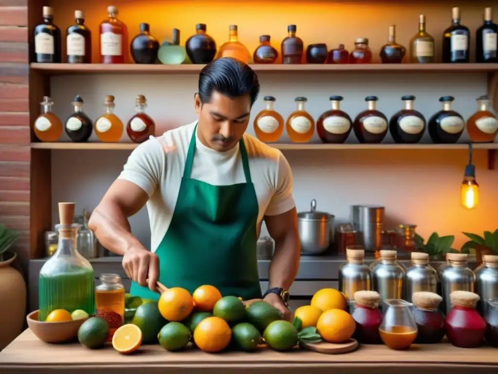 Un bartender preparando ponche de algarrobina en una cocina peruana tradicional