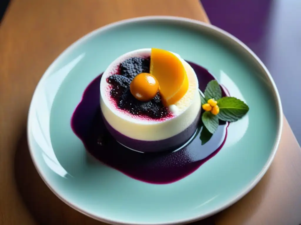 Un postre peruano reinventado: Mazamorra Morada con Espuma de Maracuyá, una deliciosa fusión de sabores tradicionales y contemporáneos