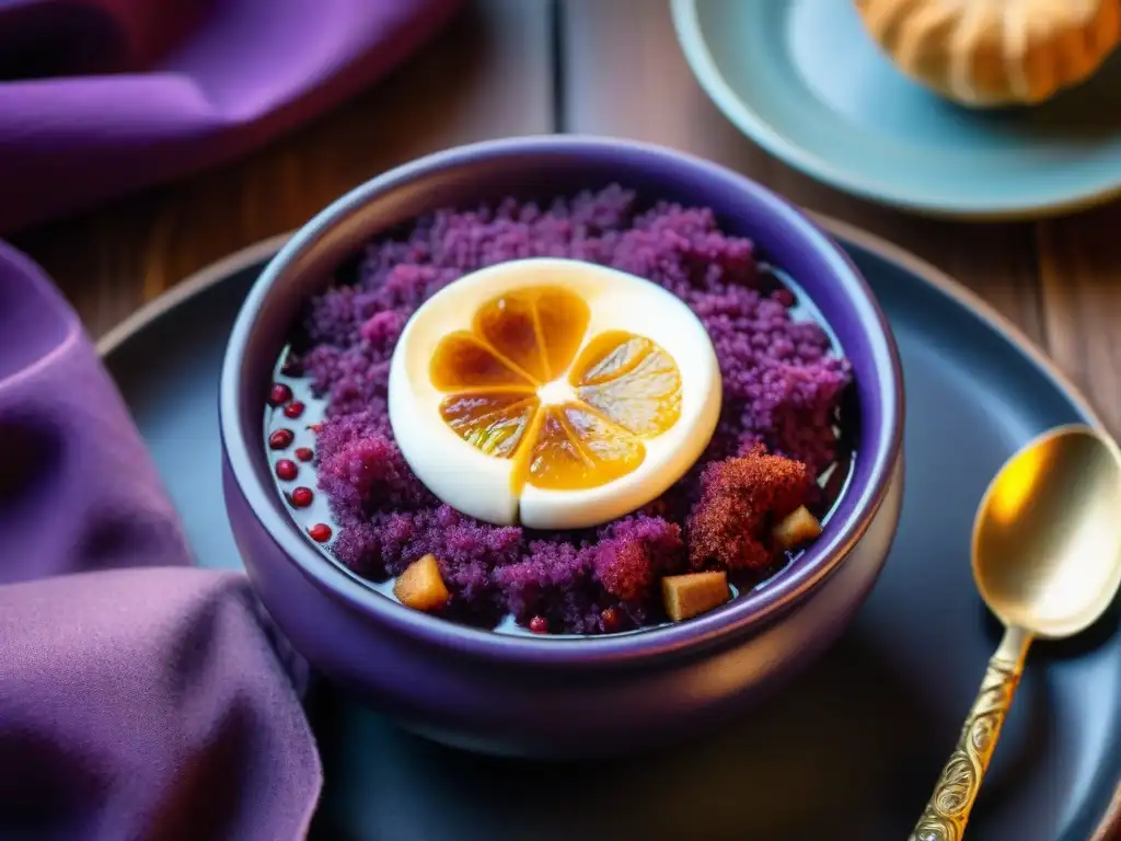 Deléitate con un postre tradicional: una bowl de Mazamorra Morada en mesa de madera peruana