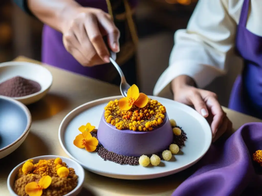 Innovación en postres peruanos: Chef peruano decorando un postre creativo con maíz morado y lucuma, en una cocina limeña moderna