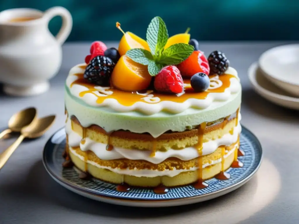 Fotografiando postres peruanos tradicionales: Detalle de una exquisita torta tres leches decorada con frutas frescas y salsa de caramelo