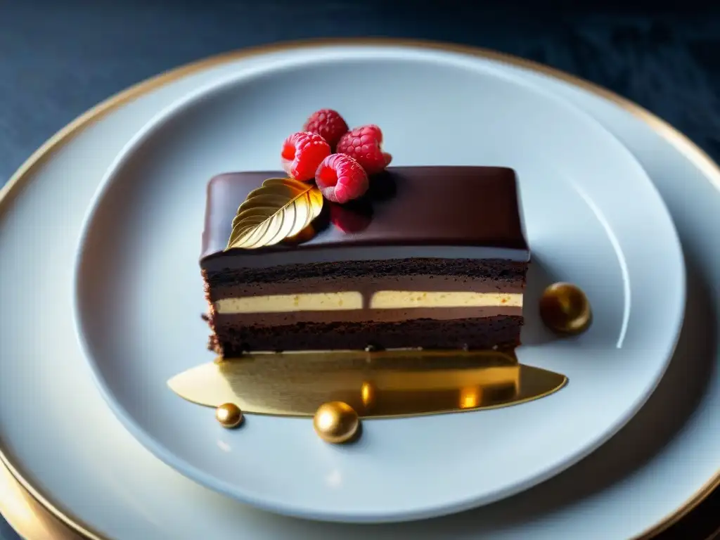 Postres sofisticados: opera cake de chocolate con oro y frambuesas en plato blanco en elegante restaurante de Lima