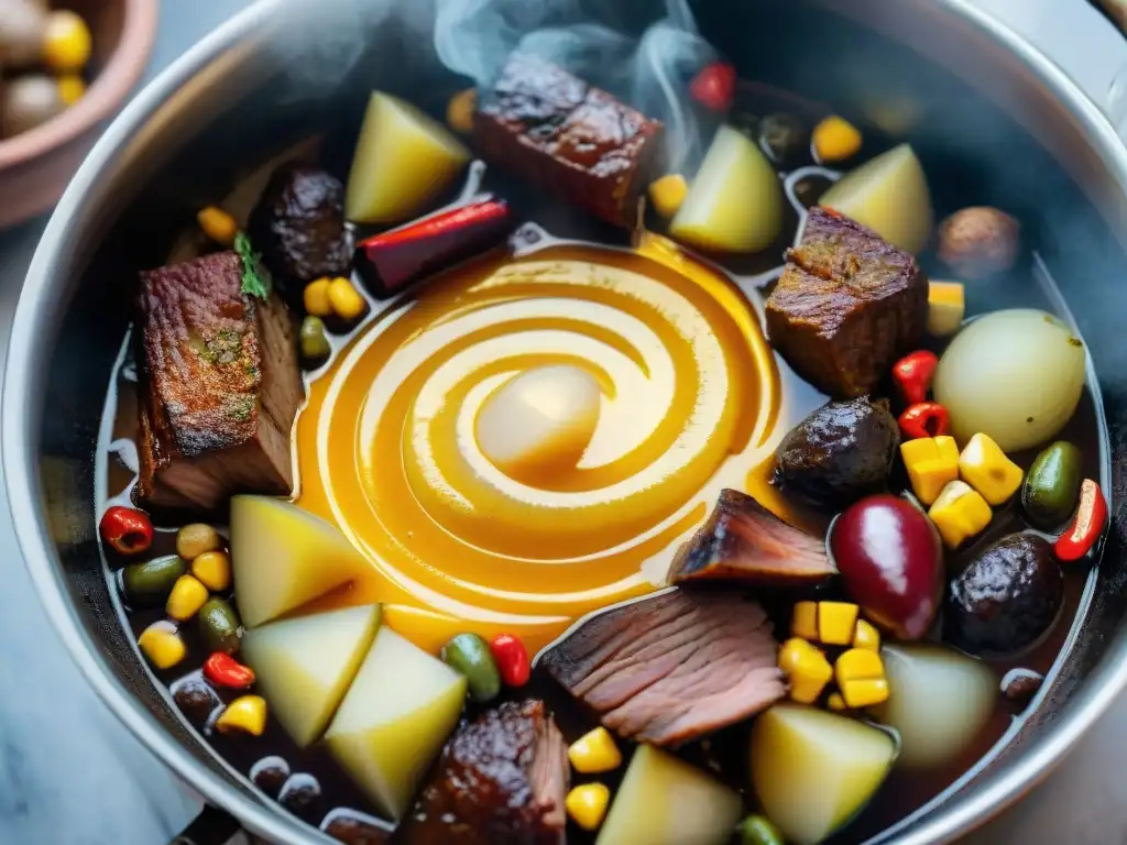 Un potente Adobo Arequipeño, una receta tradicional Peru, con vibrantes colores y texturas que capturan la esencia culinaria andina