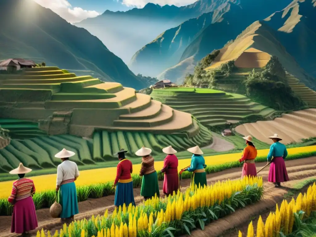 Prácticas agrícolas sostenibles en Perú: Agricultores peruanos cuidando campos de quinua bajo el sol andino