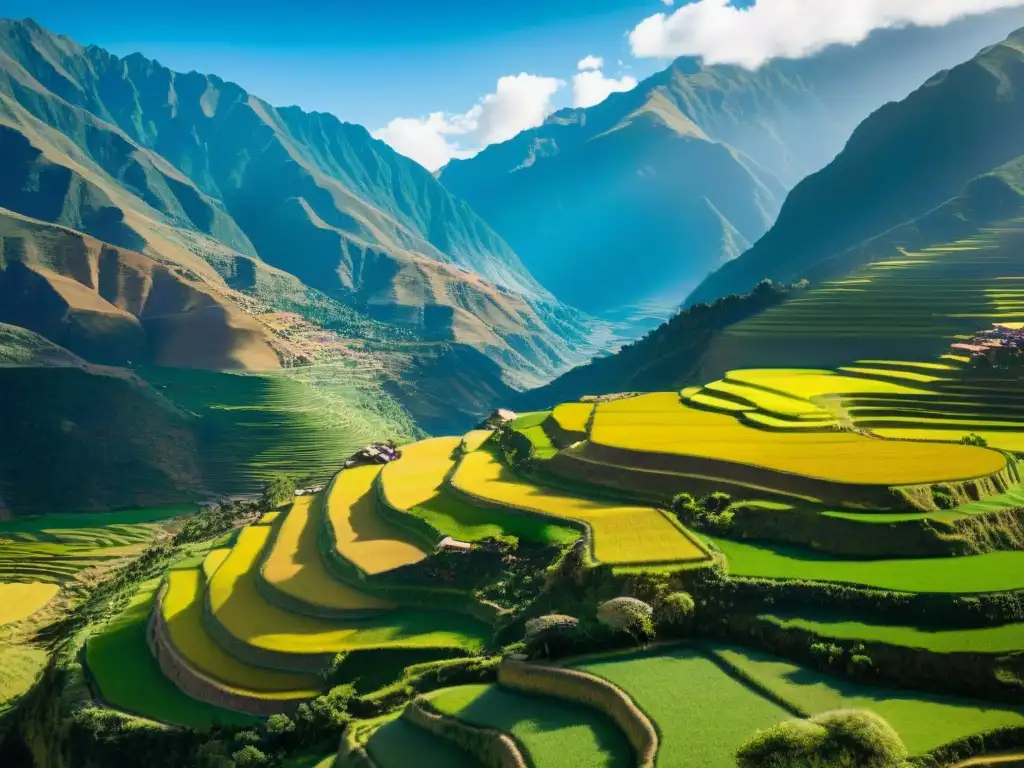 Prácticas agrícolas sostenibles en terrazas del Valle Sagrado de los Incas en Perú, con cultivos vibrantes y los Andes de fondo