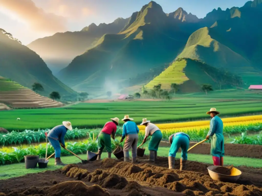 Prácticas sostenibles en agricultura peruana: Campesinos trabajan unidos en campos verdes con montañas al fondo al atardecer