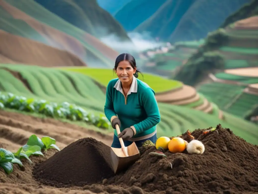 Prácticas sostenibles en agricultura peruana: Comunidad de agricultores en Perú creando compost en los Andes