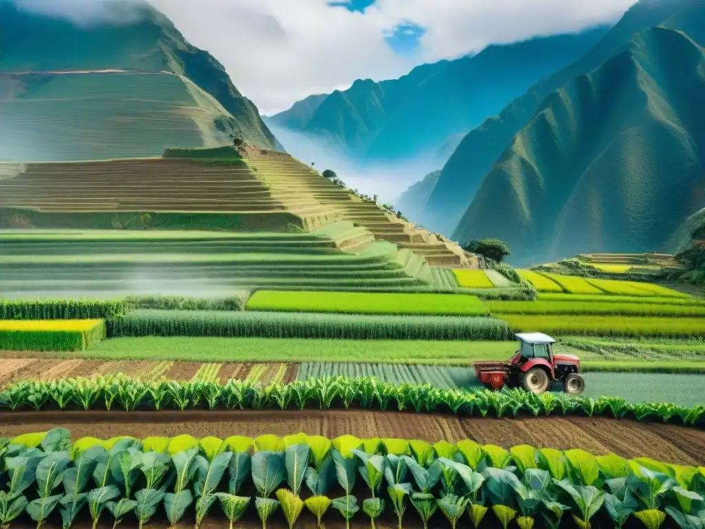 Prácticas sostenibles en agricultura peruana: Comunidad diversa de agricultores cuidando cultivos bajo cielo azul