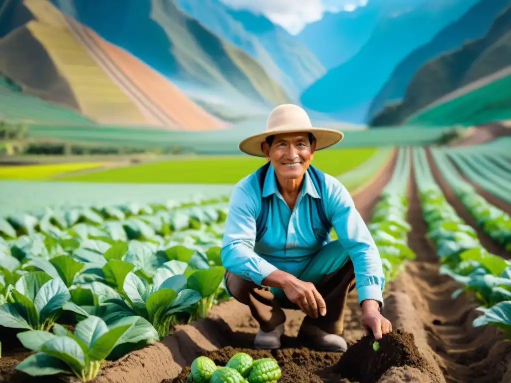 Prácticas sostenibles en agricultura peruana: Detallada imagen de un agricultor peruano tradicional cuidando cultivos en armonía con la naturaleza