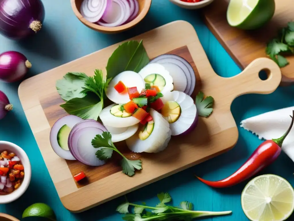 Delicioso ceviche peruano: frescura y tradición en cada detalle Preparación de ceviche peruano con ingredientes autóctonos en tabla de madera