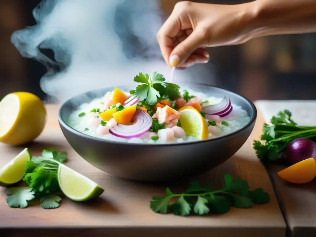 Preparación de ceviche peruano con leche de tigre en cocina tradicional