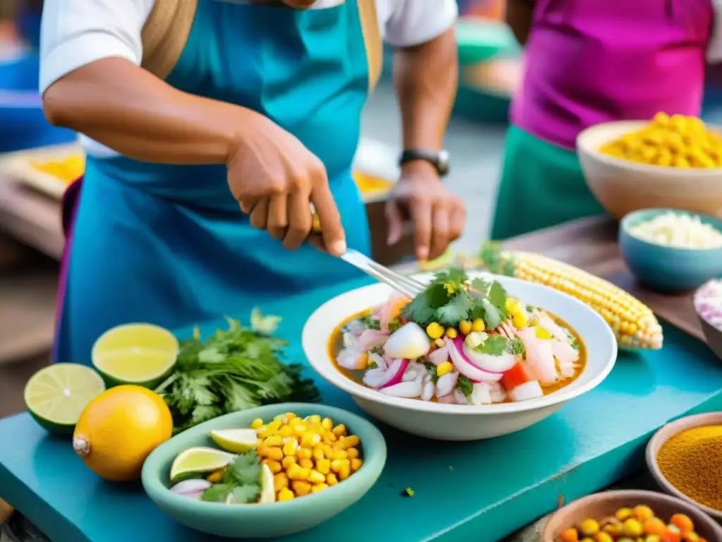 Preparación de ceviche peruano en mercado local con influencias tradicionales