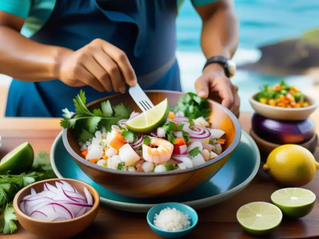 Preparación de ceviche peruano en mercado costeño