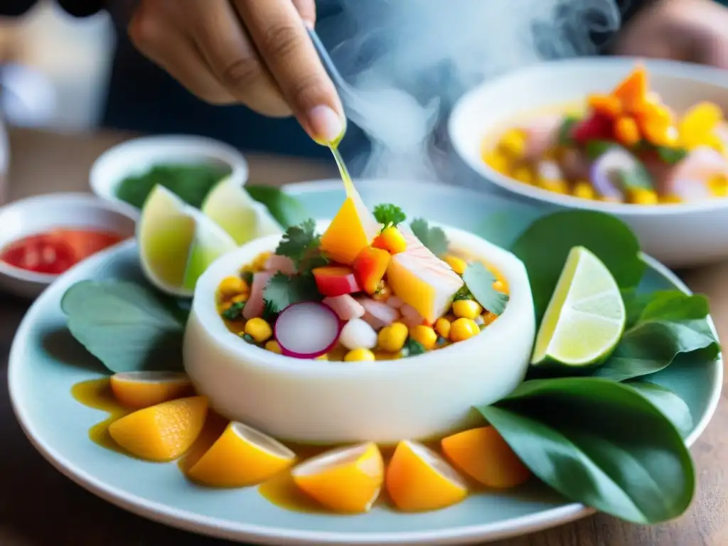 Preparación de ceviche peruano con técnica sous vide, resaltando colores y texturas en mercado peruano