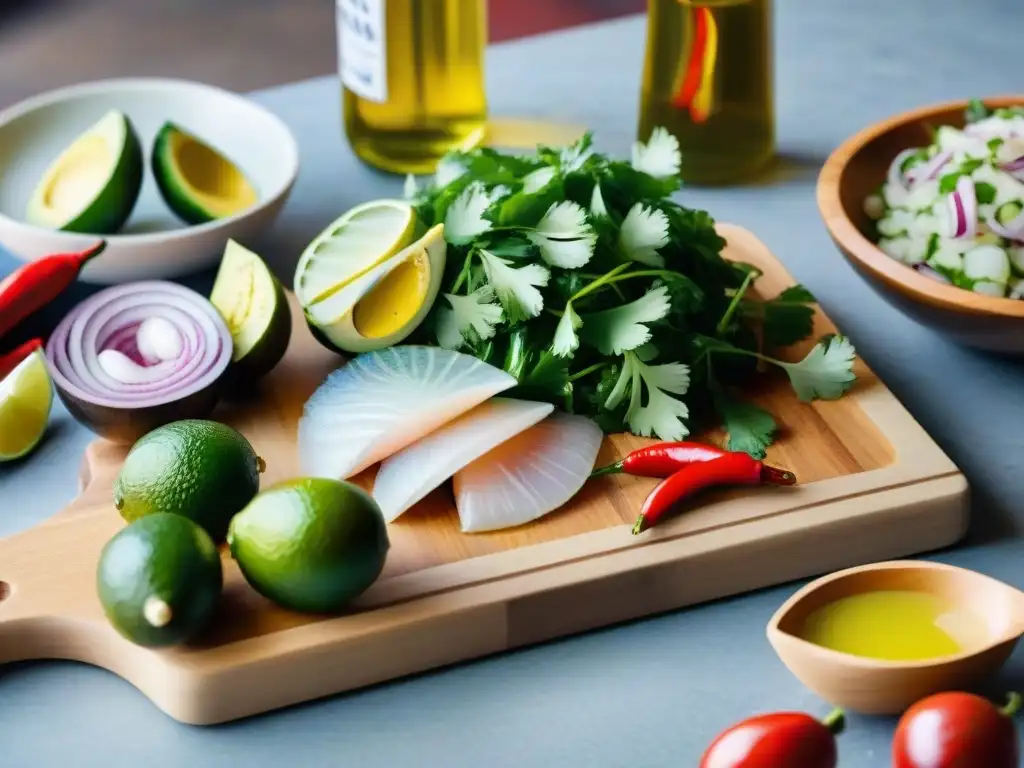 Estación de preparación de ceviche peruano: frescura en el mercado Preparación detallada de ceviche peruano con ingredientes frescos en mercado local