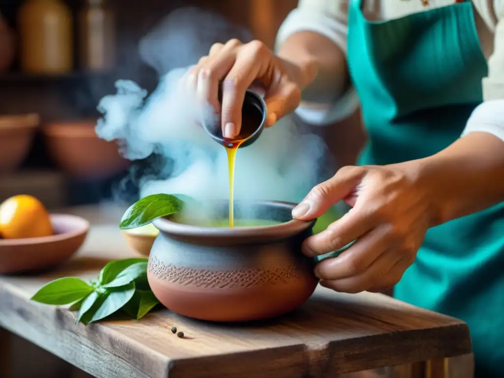 Preparación detallada del emoliente peruano en cocina rústica