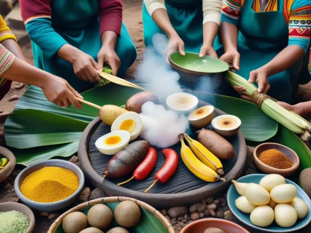 Preparación detallada de Pachamanca platos tradicionales peruanos por indígenas en un festín ancestral