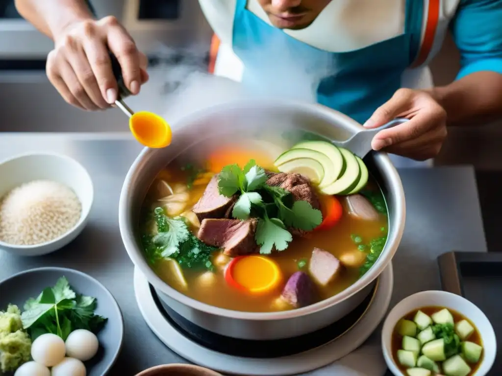 Preparación detallada del tradicional Caldo de Cabeza peruano en cocina profesional