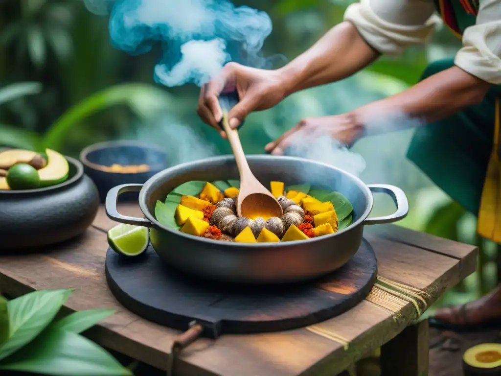 Preparación de guiso tradicional peruano con ingredientes autóctonos en la selva amazónica