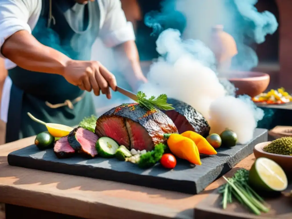 Preparación de un Pachamanca en horno de tierra, chef peruano colocando ingredientes sobre piedras calientes rodeado de vapor y hierbas aromáticas