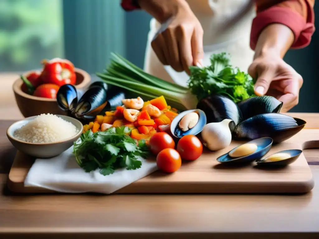 Preparación de la Sopa Marina Peruana Tradicional: Ingredientes frescos dispuestos en una mesa de madera, manos cortando ajo con un cuchillo afilado