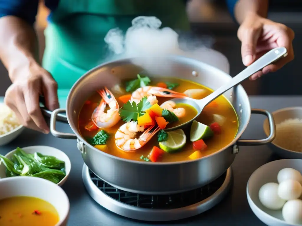 Preparación minuciosa de una Parihuela peruana, destacando la maestría culinaria y la frescura de los mariscos