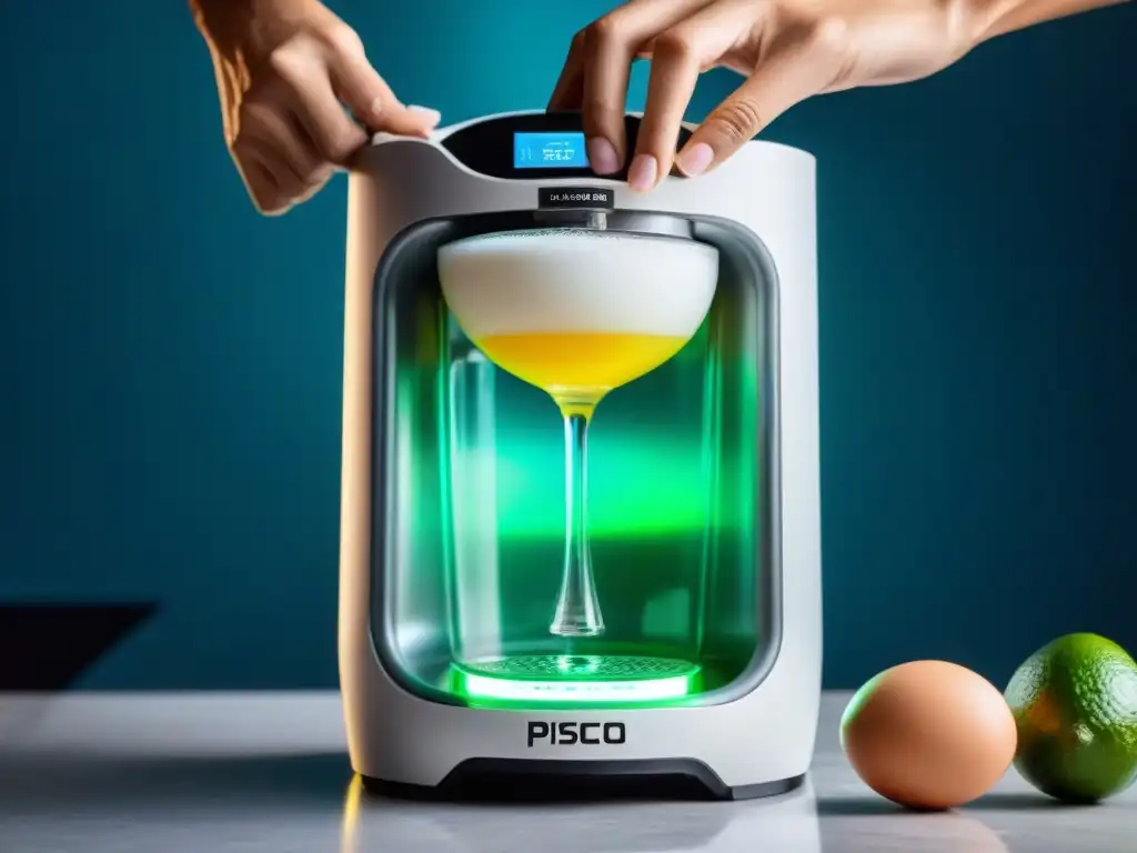 Preparación de pisco sour con electrodomésticos inteligentes, mezcla perfecta con diseño futurista