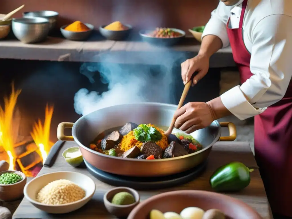 Preparación de platos de la sierra peruana en alturas, chef sazonando un guiso en cocina rústica andina