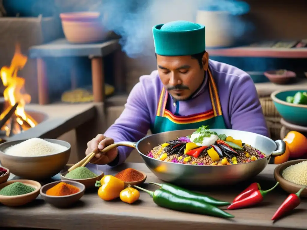 Preparación de platos tradicionales peruanos con ingredientes autóctonos en una cocina colorida y tradicional