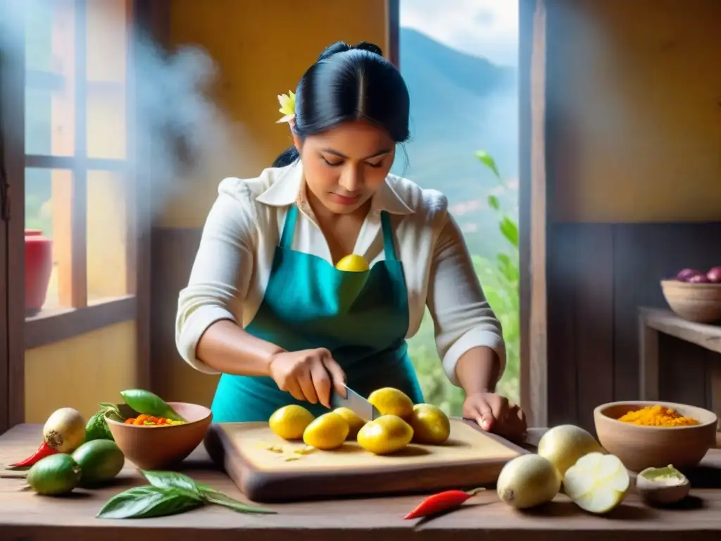 Preparación de receta auténtica papa a la huancaína por mujer peruana tradicional en atuendo colorido cortando papas amarillas con destreza