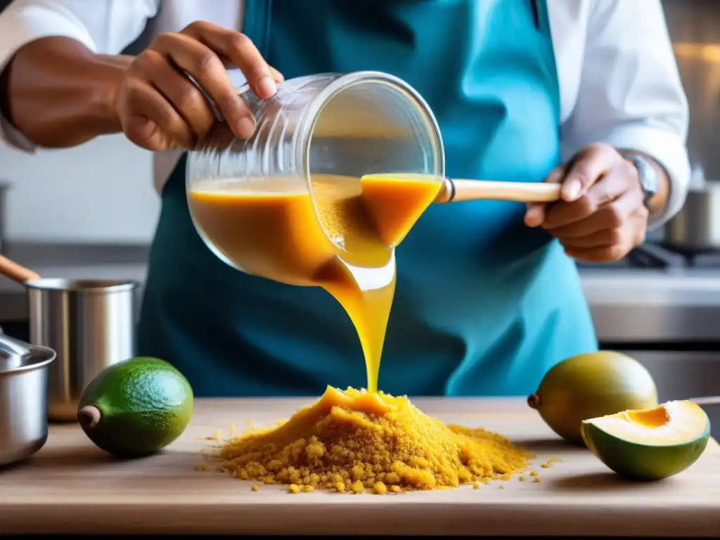 Preparación de receta refresco lucuma peruana por experto chef en cocina profesional