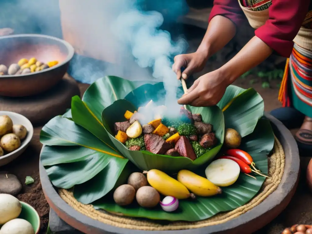 Preparación de receta tradicional pachamanca Perú en hoyo con piedras calientes