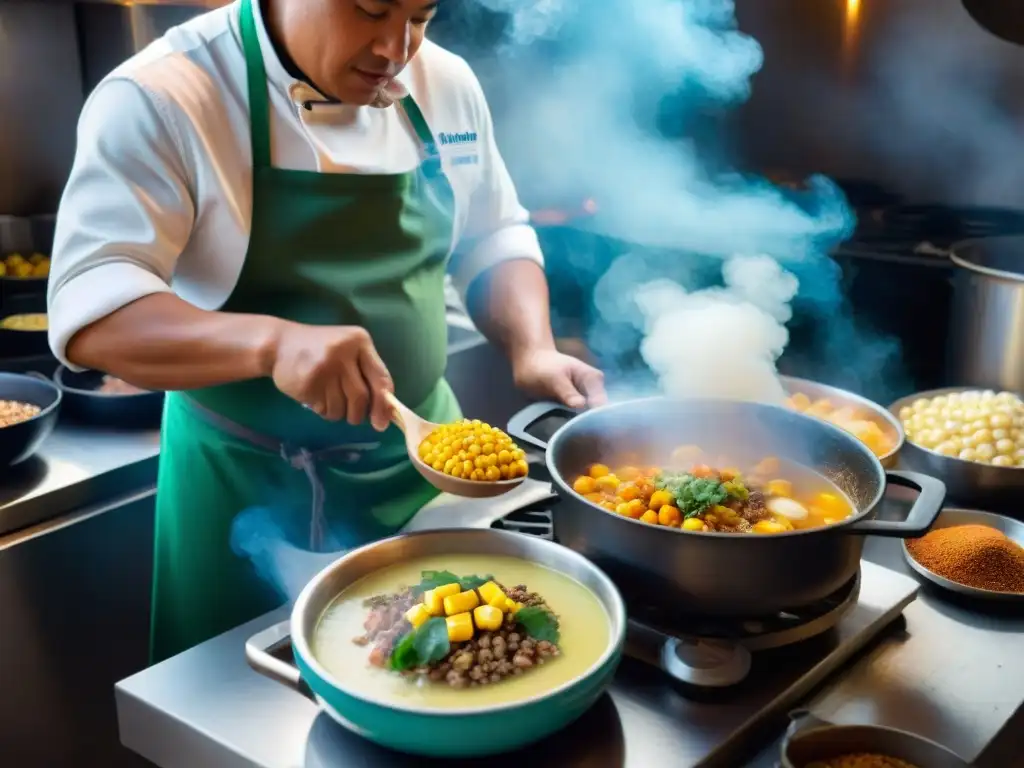 Preparación de sopas peruanas tradicionales autóctonas en cocina vibrante