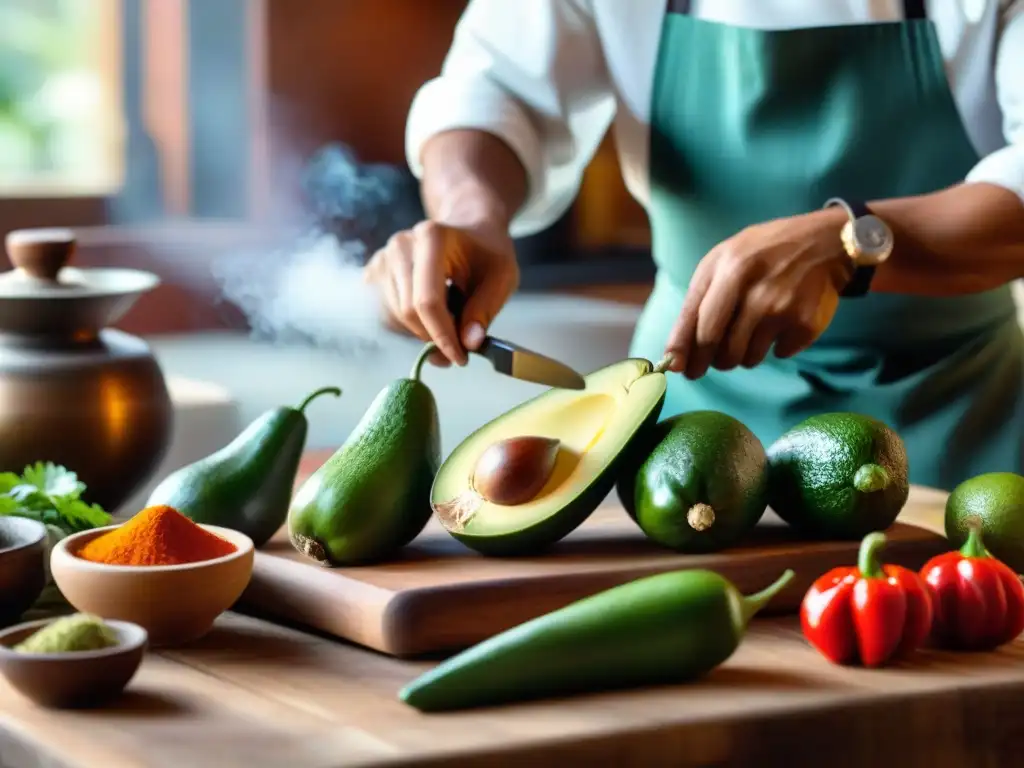 Preparación de tapas peruanas fusionadas en una cocina vibrante con ingredientes frescos y coloridos