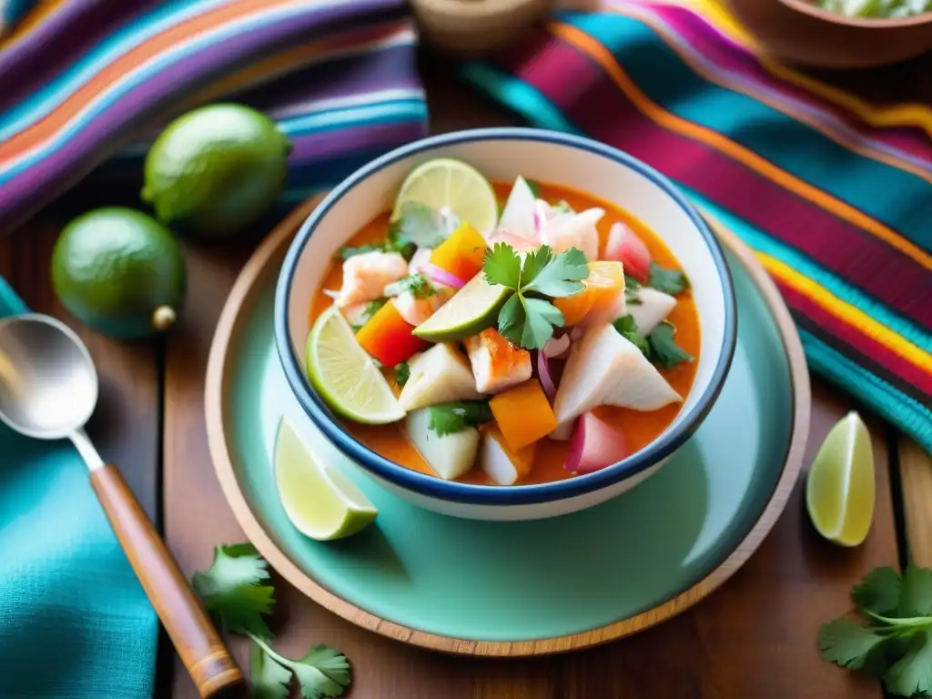 Una presentación artesanal de ceviche peruano tradicional y contemporáneo en una hermosa fuente de cerámica, sobre mesa de madera rústica con textiles peruanos coloridos al fondo