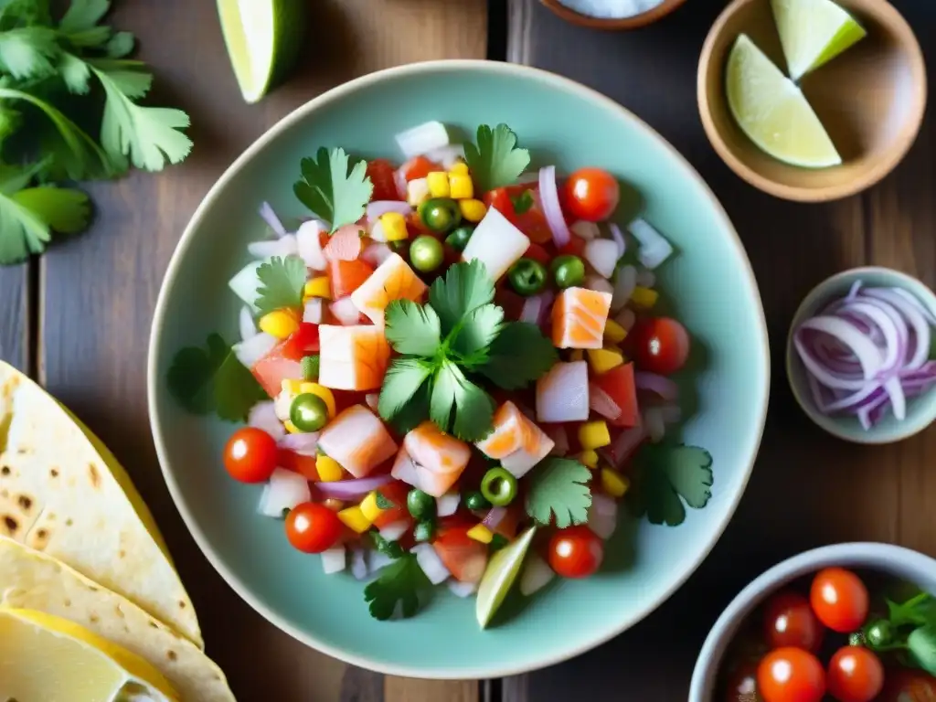 Presentación de ceviche ingredientes autóctonos: Coloridos tomates, limones, pescado y cilantro frescos sobre mesa rústica