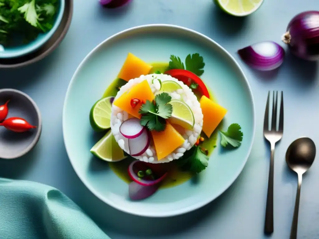 Una presentación de ceviche peruano simple, resaltando los colores vibrantes y frescos ingredientes en un plato blanco