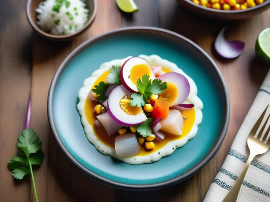 Una presentación de comida peruana equilibrada: ceviche colorido y sofisticado sobre mesa rústica