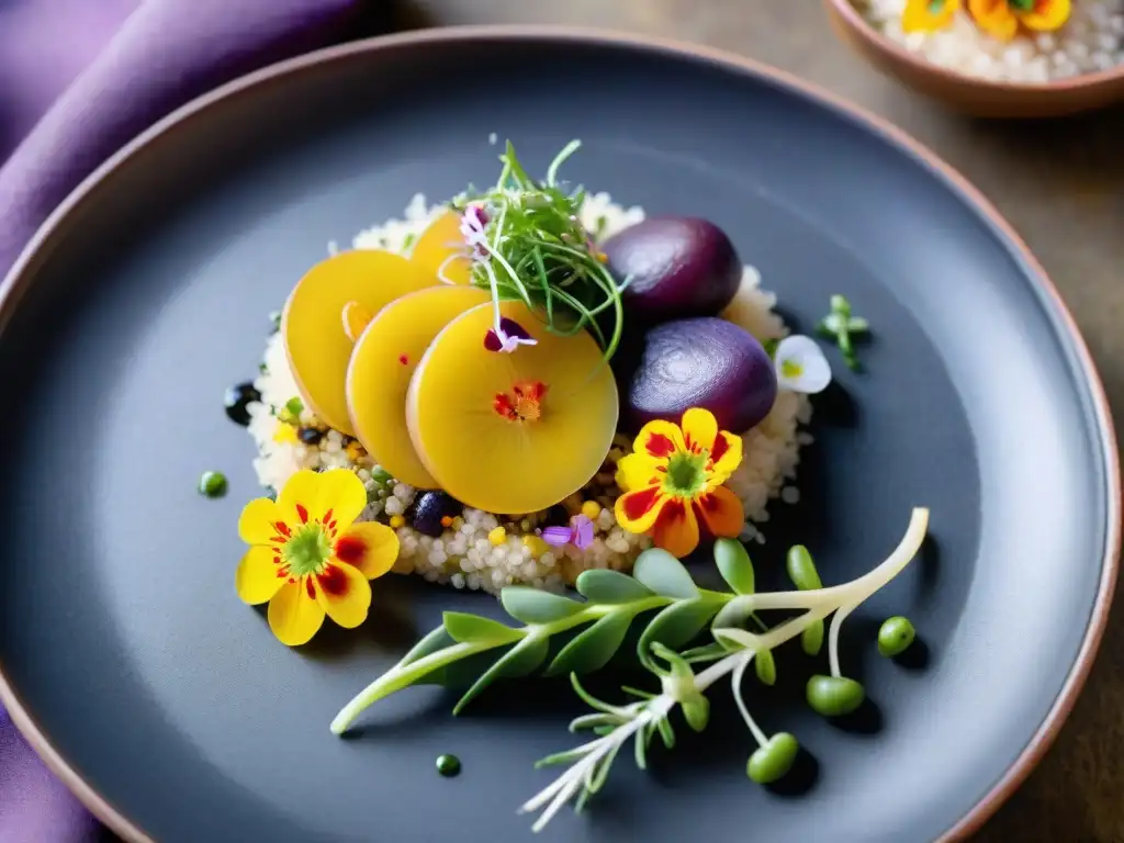 Una presentación de comida peruana con técnicas visuales, plato vibrante de quinua, papas moradas, ceviche y flores comestibles, en mercado de Lima