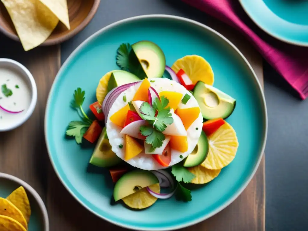 Una presentación de comida peruana con técnicas visuales: ceviche peruano tradicional en plato rústico, colorido y fresco