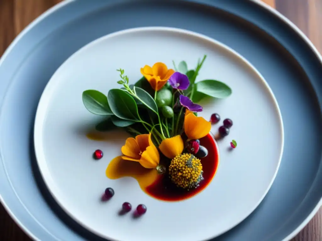 Una presentación contemporánea de anticuchos con vibrantes colores y detalles intrincados, en un plato blanco elegante