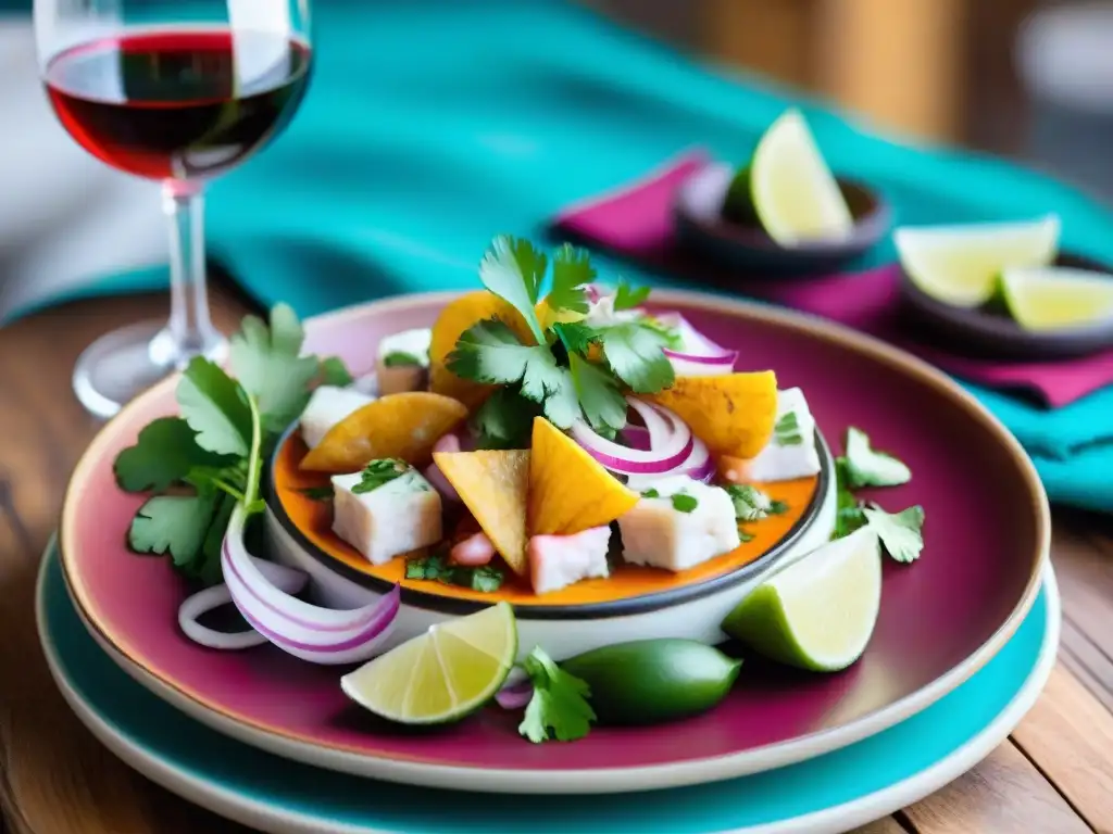 Una presentación elegante de ceviche peruano con vinos internacionales, sobre mesa rústica andina