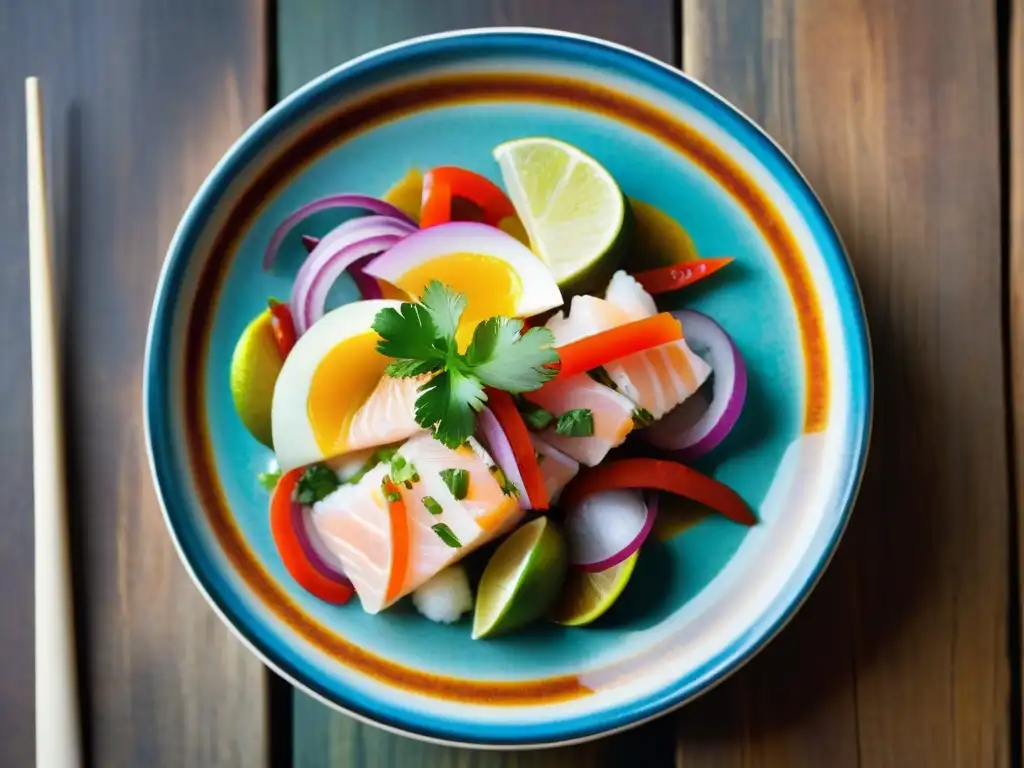 Una presentación exquisita de ceviche peruano en plato de cerámica, resaltando la riqueza gastronómica