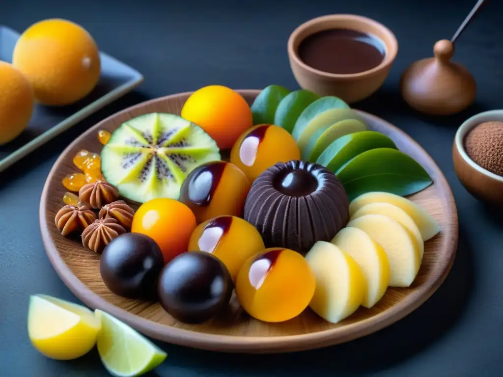 Una presentación exquisita de postres peruanos estilismo en una mesa rústica con suspiro a la limeña, picarones y mazamorra morada