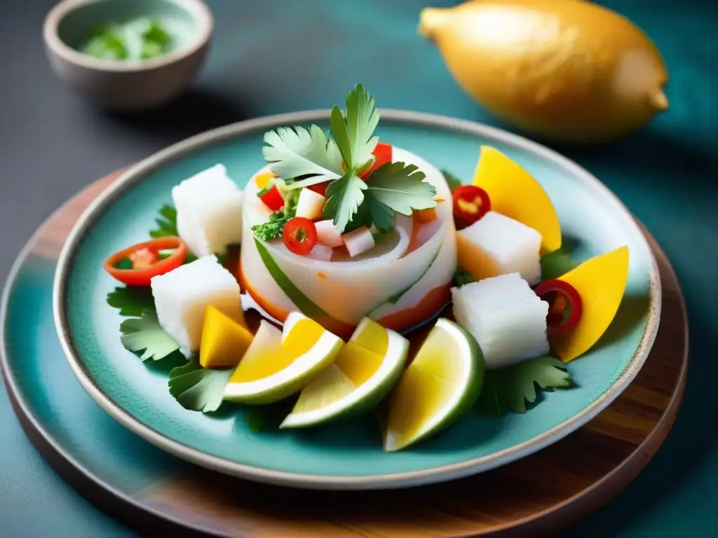 Una presentación gastronómica potencia sabor: ceviche peruano tradicional en plato de cerámica, decorado con limón, cilantro y paprika ahumada