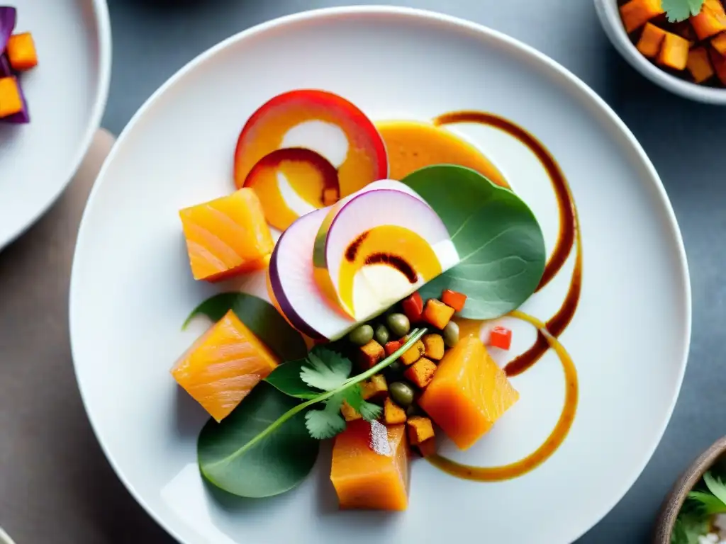 Una presentación impecable de ceviche peruano con vibrantes colores y texturas