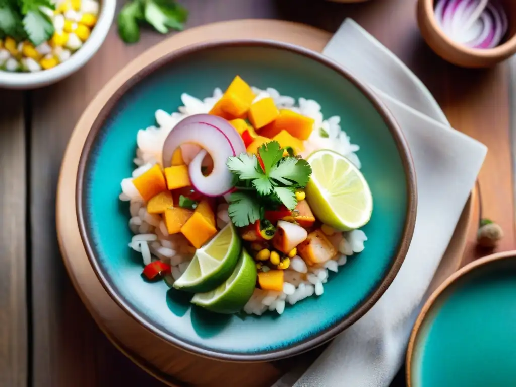 Una presentación impresionante de ceviche peruano, resaltando colores vibrantes y sabores auténticos