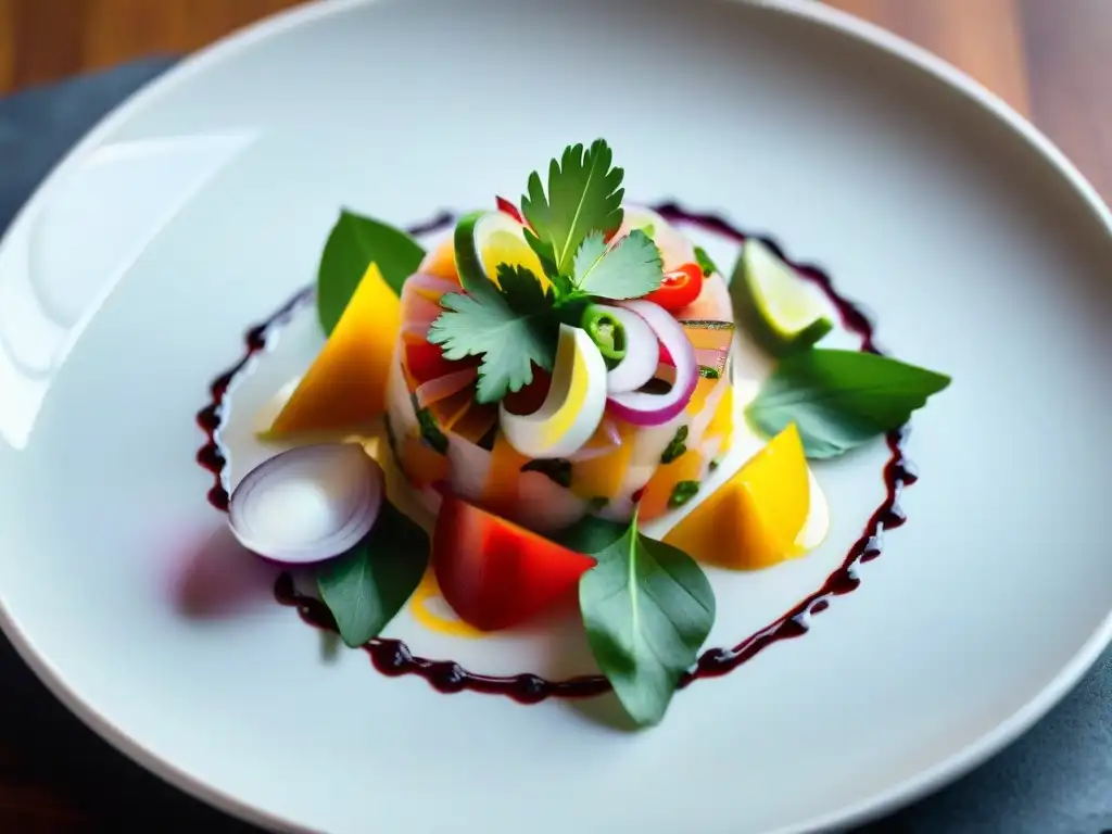 Una presentación minimalista de platos peruanos contemporáneos con ceviche en un elegante plato blanco