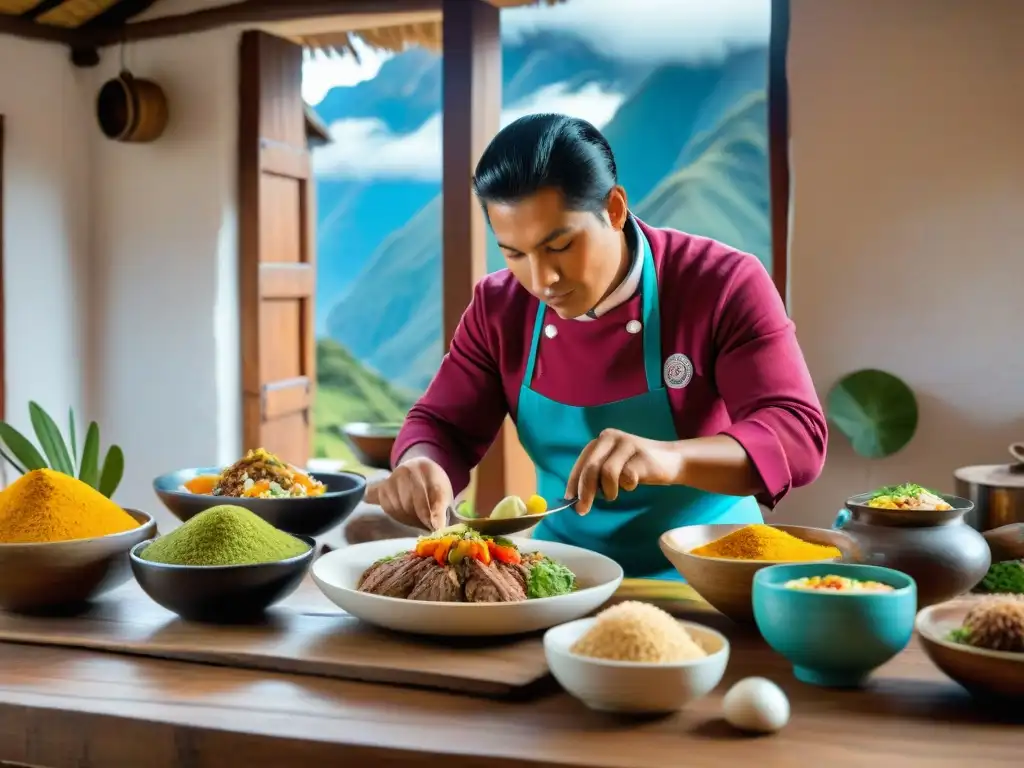 Presentación de platos andinos: Chef peruano arregla coloridos platillos sobre mesa rústica con montañas de fondo