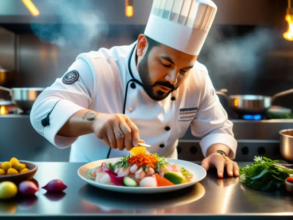 Presentación de platos de gastronomía peruana: Un chef peruano coloca ceviche con detalle y arte en un elegante plato contemporáneo